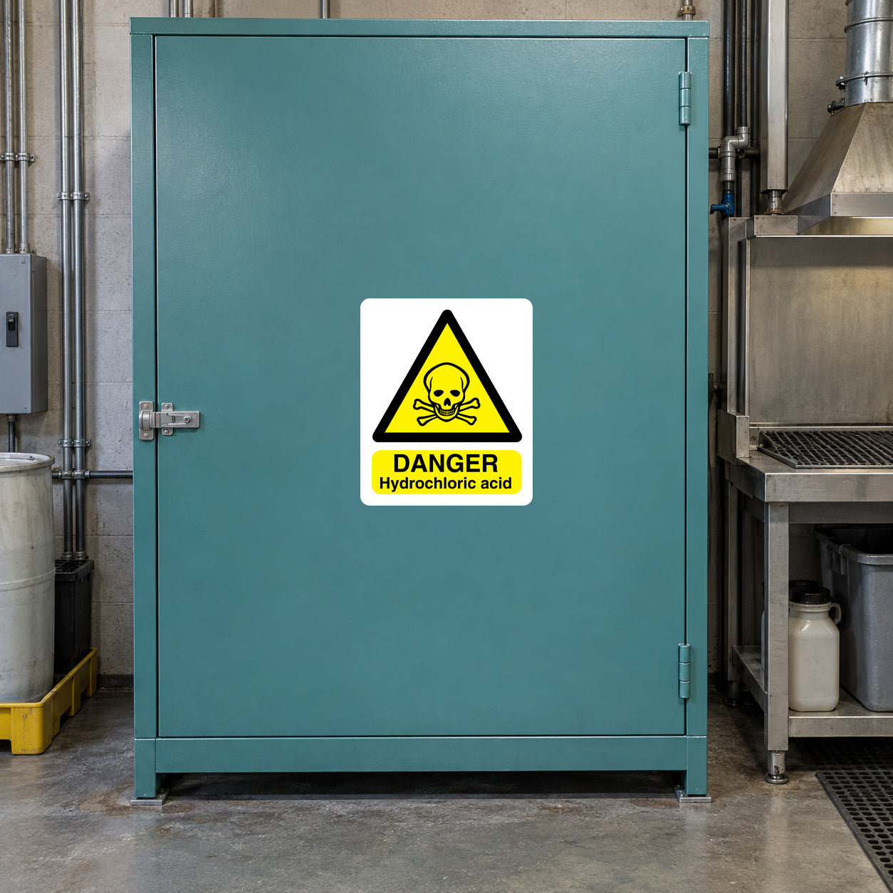 Danger hydrochloric acid hazard sticker with warning symbol and yellow text