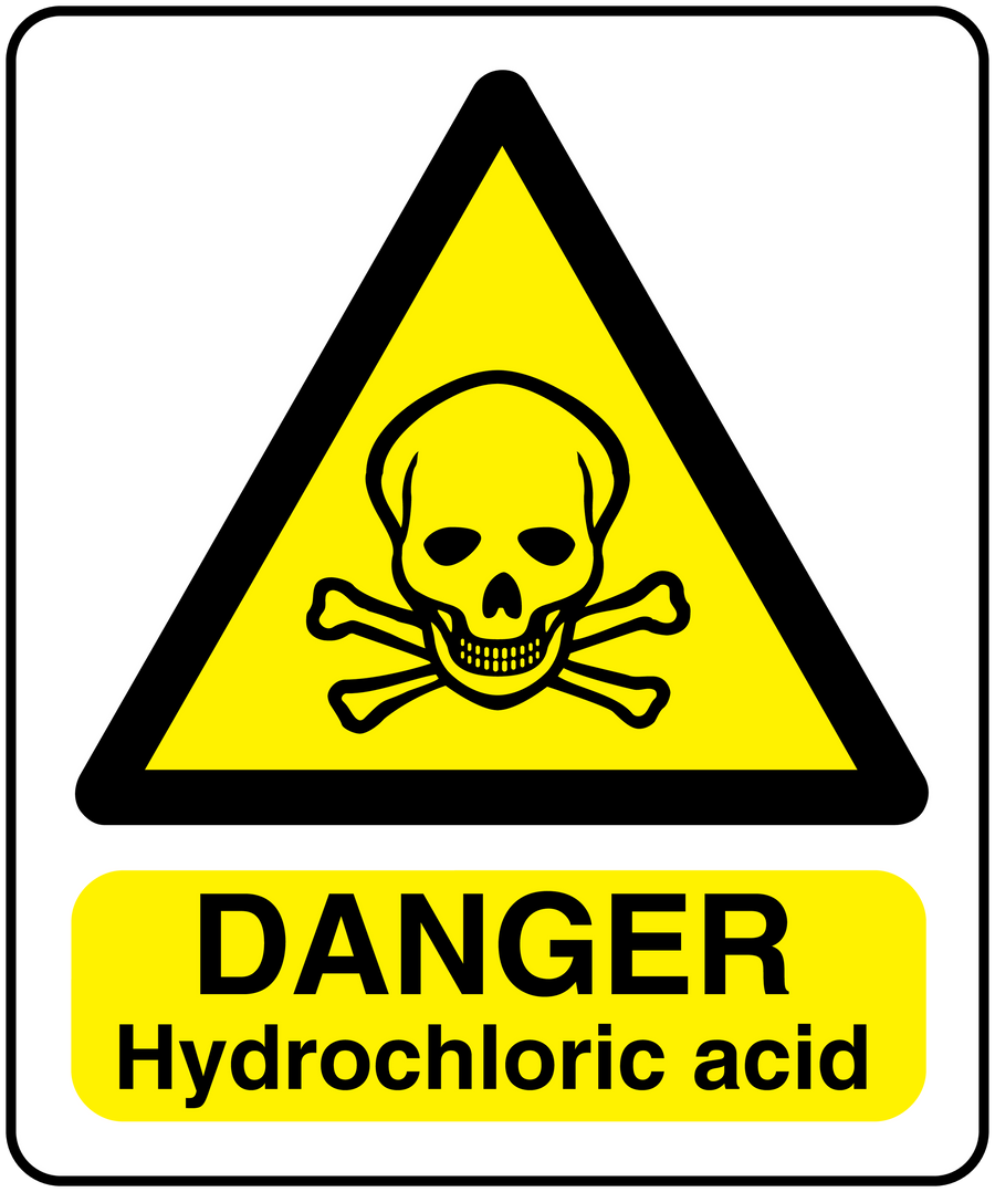 Danger hydrochloric acid warning sticker with skull and crossbones in yellow triangle