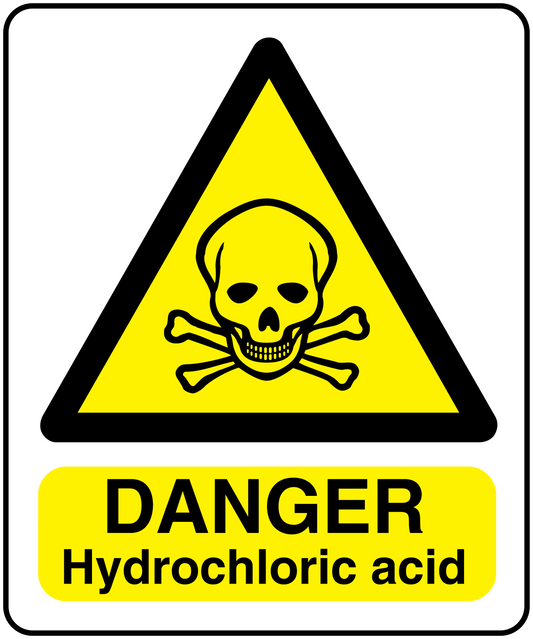 Danger hydrochloric acid warning sticker with skull and crossbones in yellow triangle