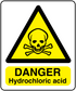 Danger hydrochloric acid warning sticker with skull and crossbones in yellow triangle
