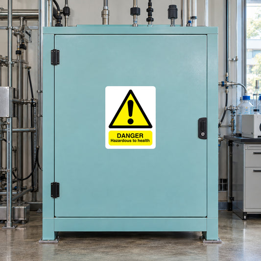 Hazardous to health warning sticker with yellow triangle and DANGER text