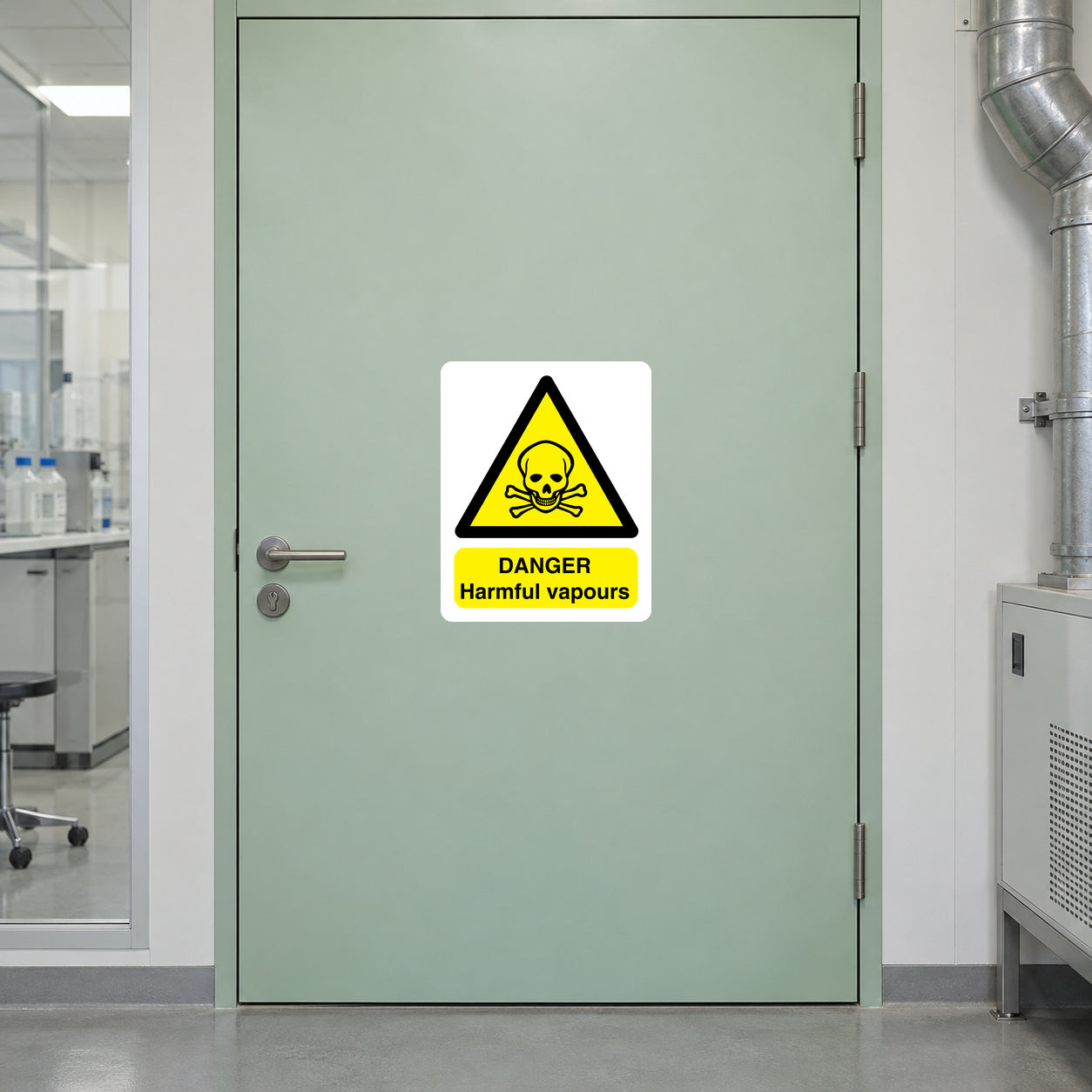 Danger harmful vapours warning sticker with yellow biohazard triangle and text