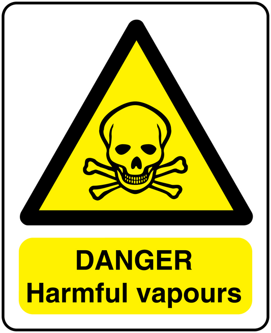 Danger harmful vapours sticker with skull in yellow warning triangle