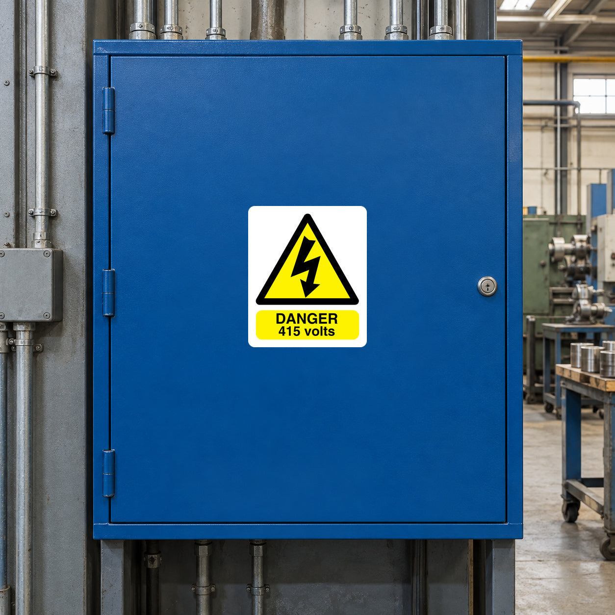 Blue rectangle warning sticker with yellow danger triangle and 'DANGER 415 volts' label