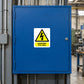 Blue rectangle warning sticker with yellow danger triangle and 'DANGER 415 volts' label