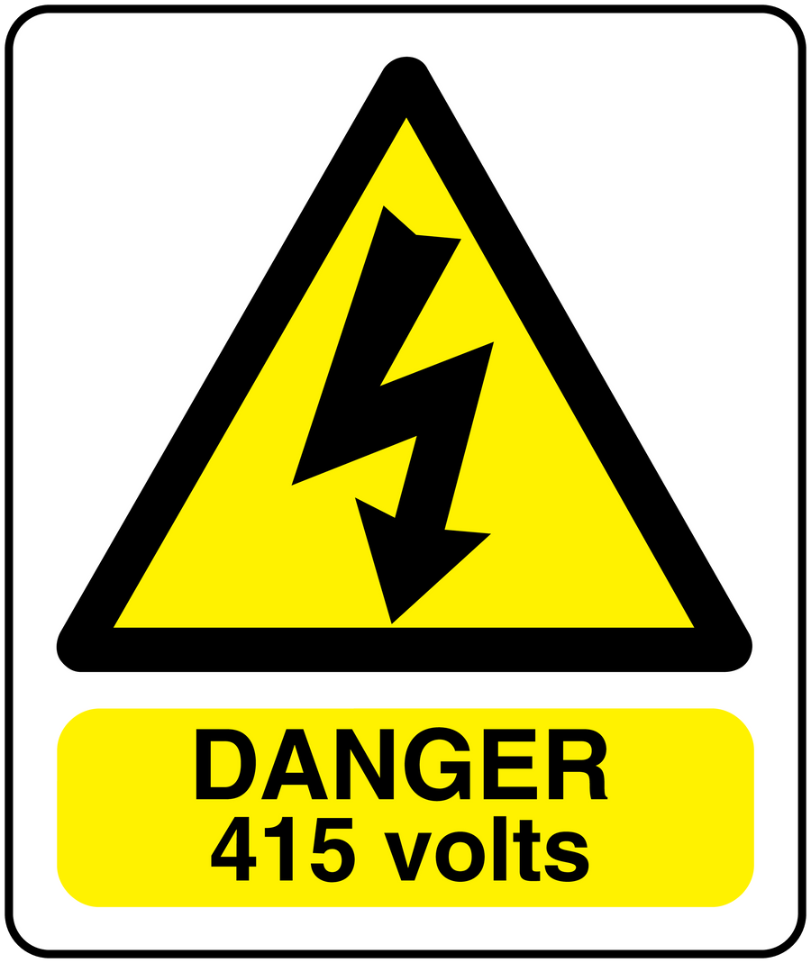 Danger 415 volts rectangle warning sticker with yellow lightning triangle