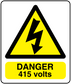 Danger 415 volts rectangle warning sticker with yellow lightning triangle