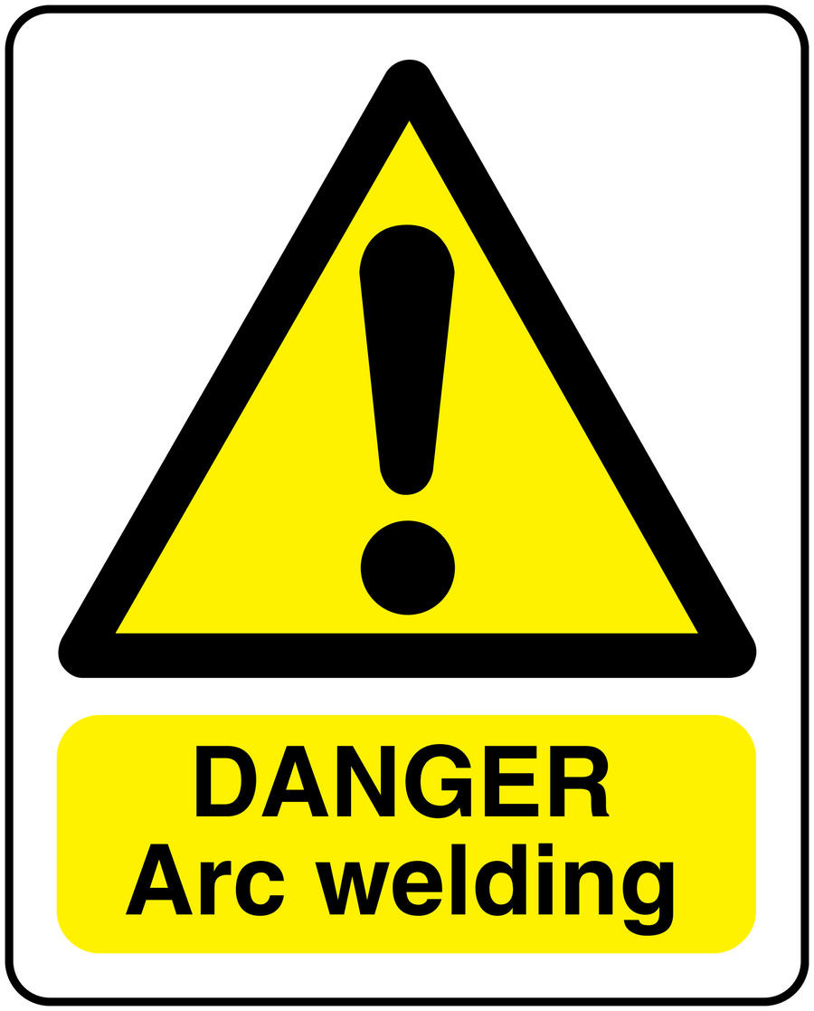Rectangle warning sticker with yellow triangle, black exclamation, and “DANGER Arc welding” text