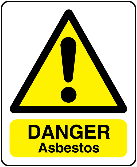 Danger asbestos rectangular warning sticker with yellow hazard triangle and bold DANGER text