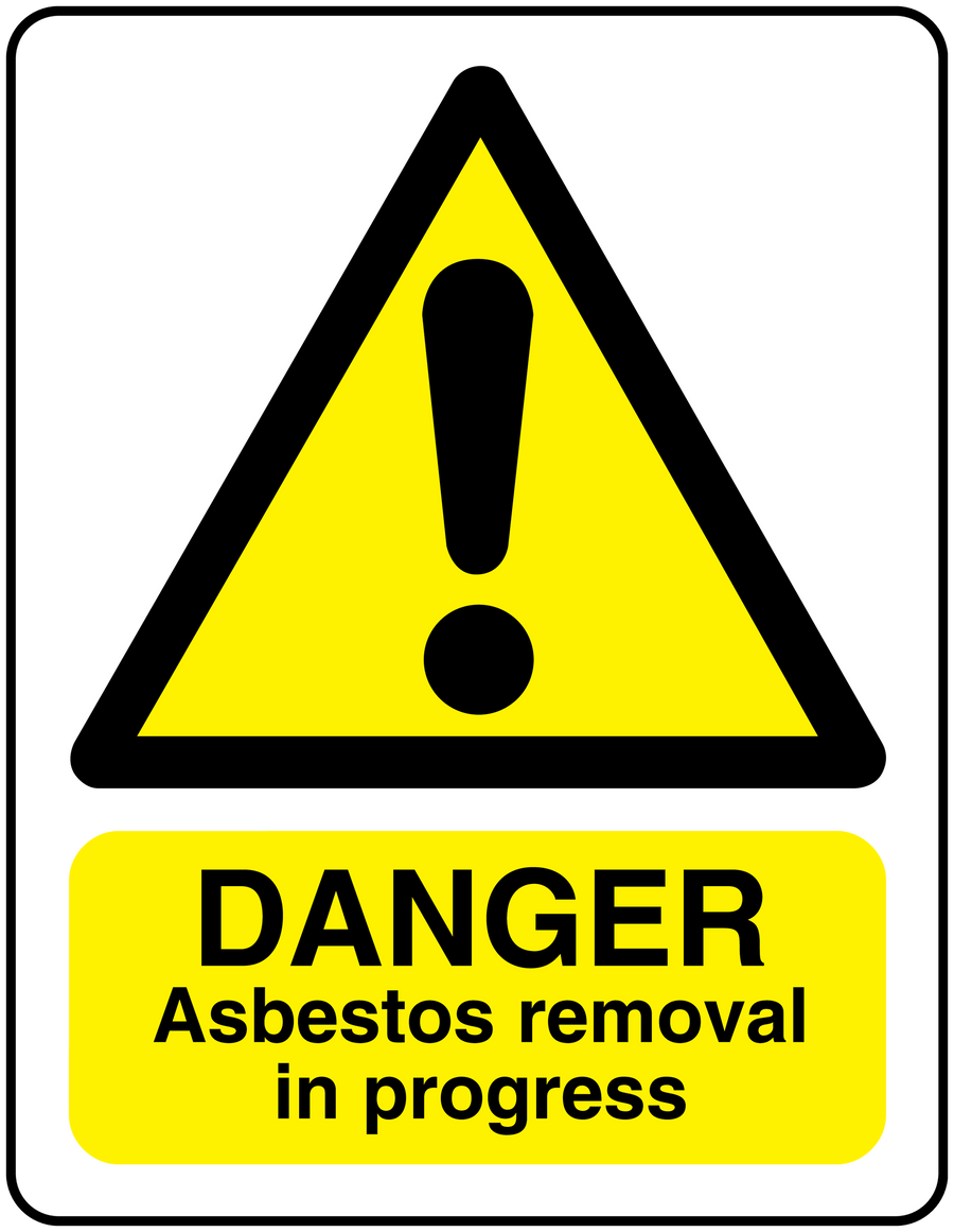 Danger asbestos removal in progress sticker with yellow warning triangle and exclamation