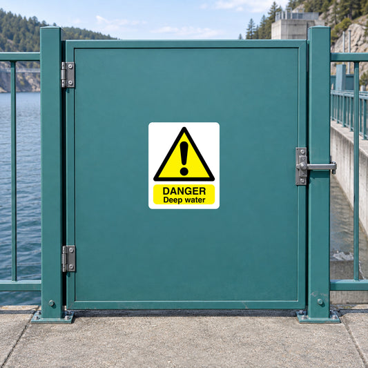 Danger deep water warning sticker on teal gate panel
