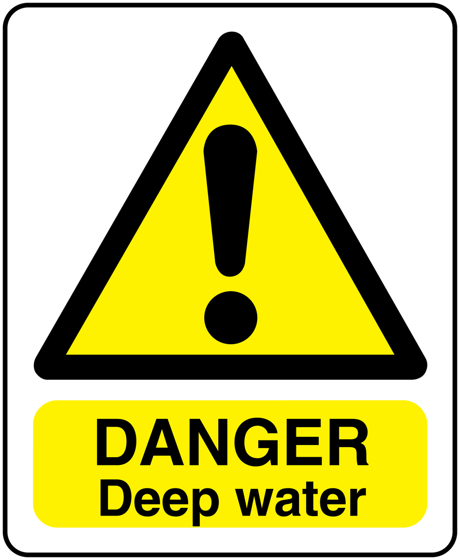 Warning danger sticker with yellow triangle and exclamation, reading 'DANGER Deep water'