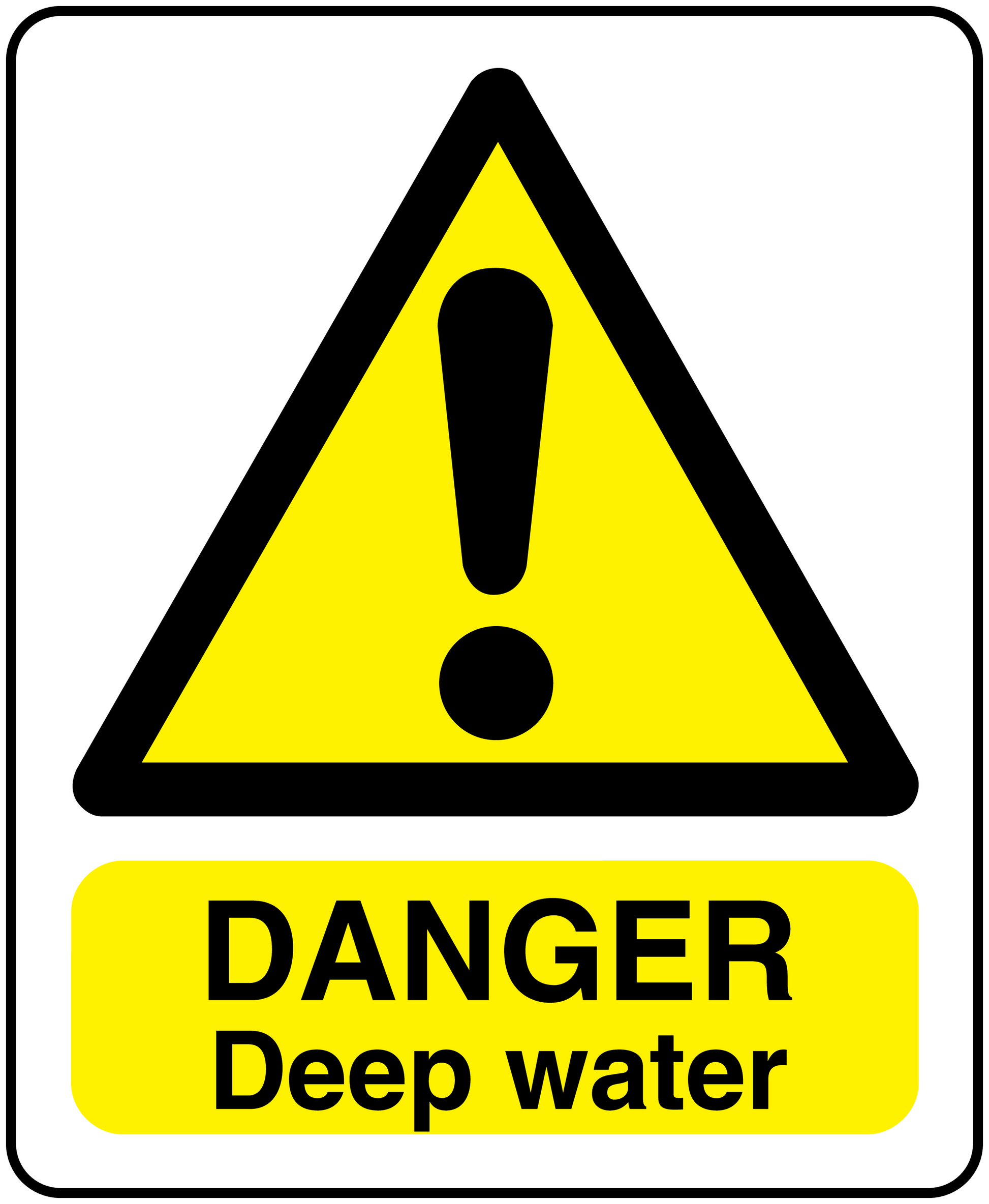Warning danger sticker with yellow triangle and exclamation, reading 'DANGER Deep water'