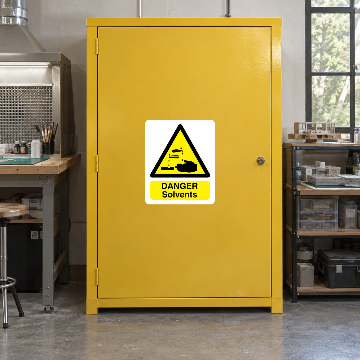 Danger solvents warning sticker with yellow triangular hazard icon