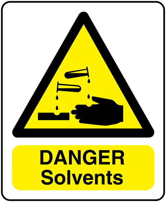 Danger Solvents safety sticker with yellow hazard triangle and black text
