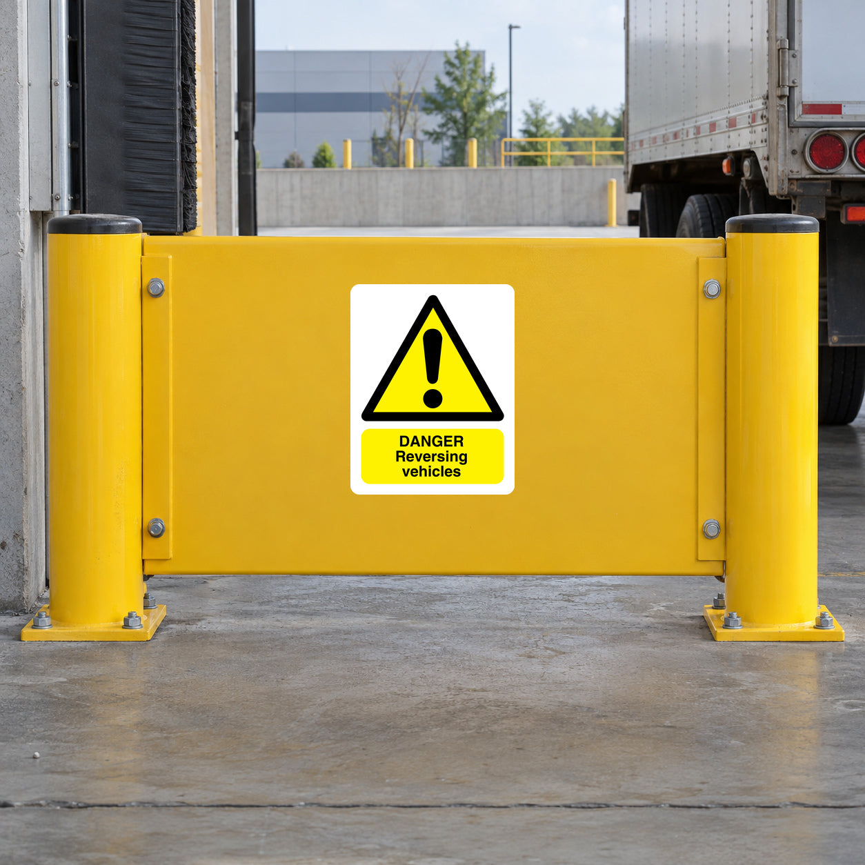Warning sticker with yellow triangle: 'Danger reversing vehicles'