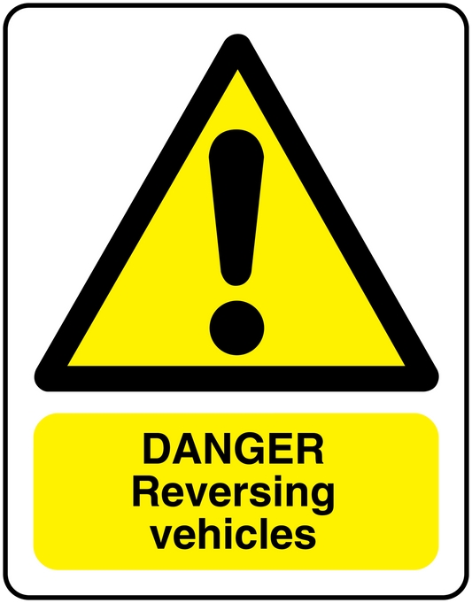 Danger reversing vehicles sticker with yellow warning triangle and bold “DANGER” text