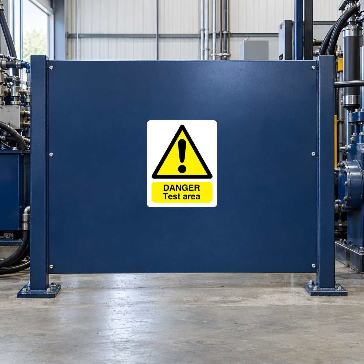 Warning sticker on blue panel: yellow triangle with exclamation and DANGER Test area