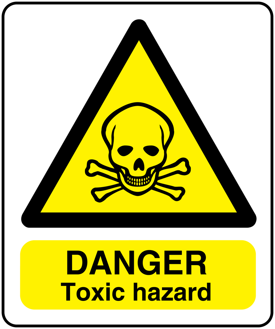 Toxic hazard warning sticker: yellow triangle skull icon and DANGER Toxic hazard text