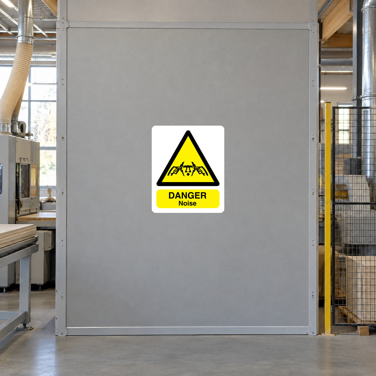 Danger noise warning sticker with yellow triangle and 'DANGER Noise' text