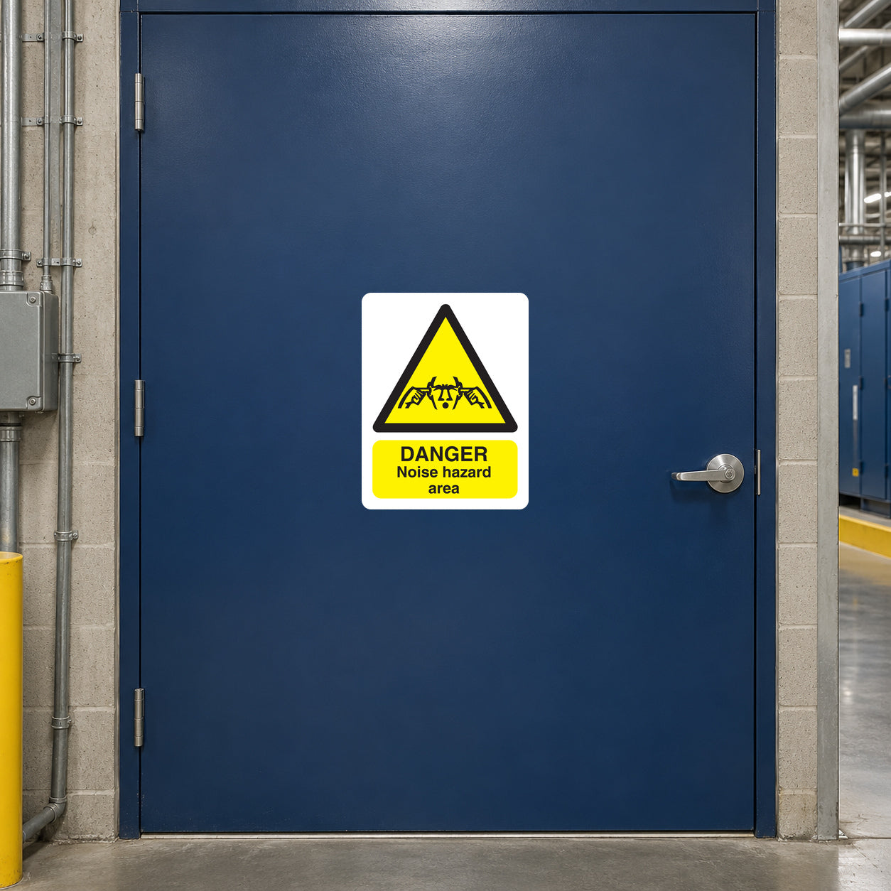Danger noise hazard area sticker, white square with yellow warning triangle and text