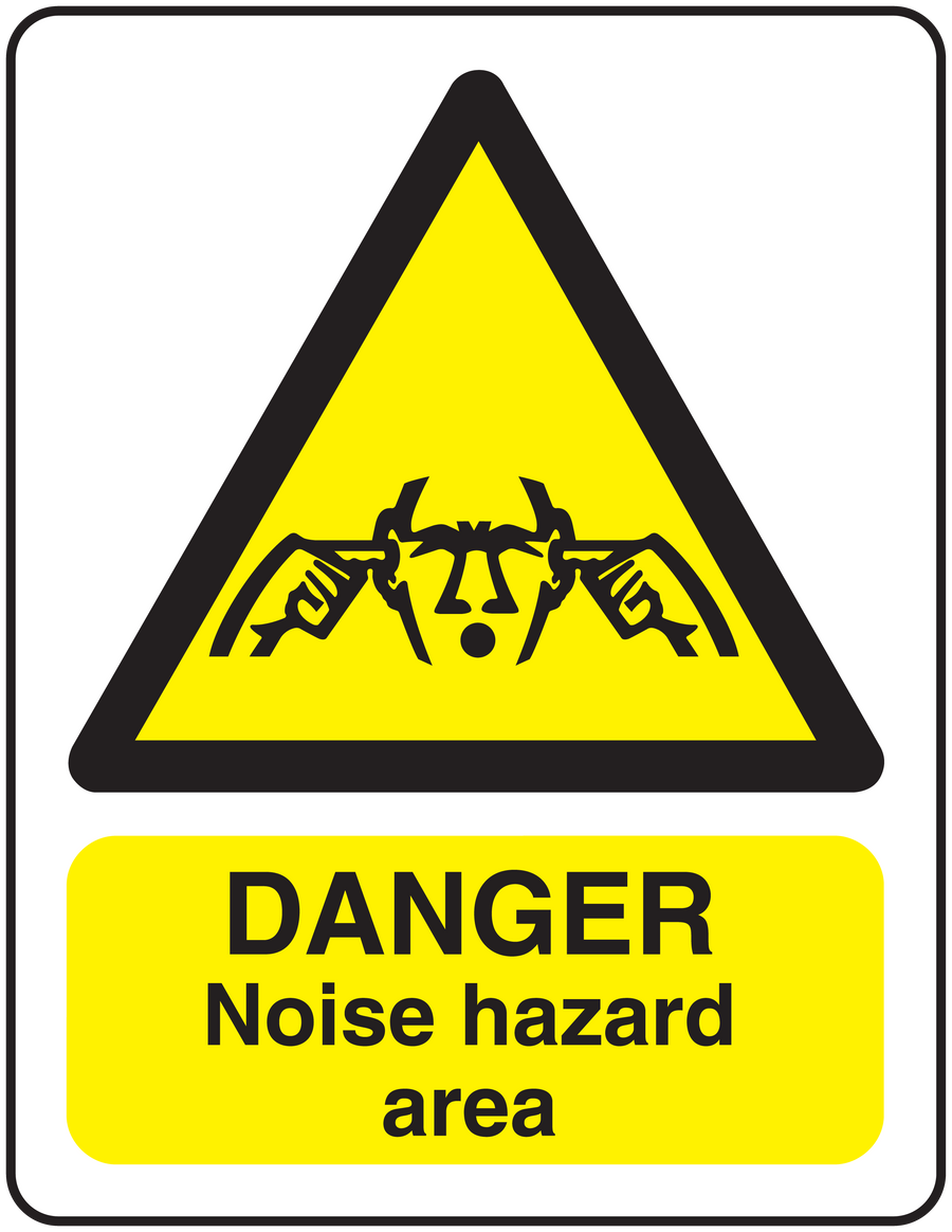 Warning danger noise hazard area sticker with black triangle and bold safety text