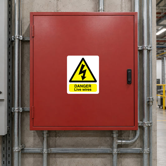 Warning danger Live wires sticker with yellow hazard triangle and bold black text