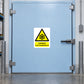 Safety warning sticker with hazard icon and text “DANGER Low temperature”