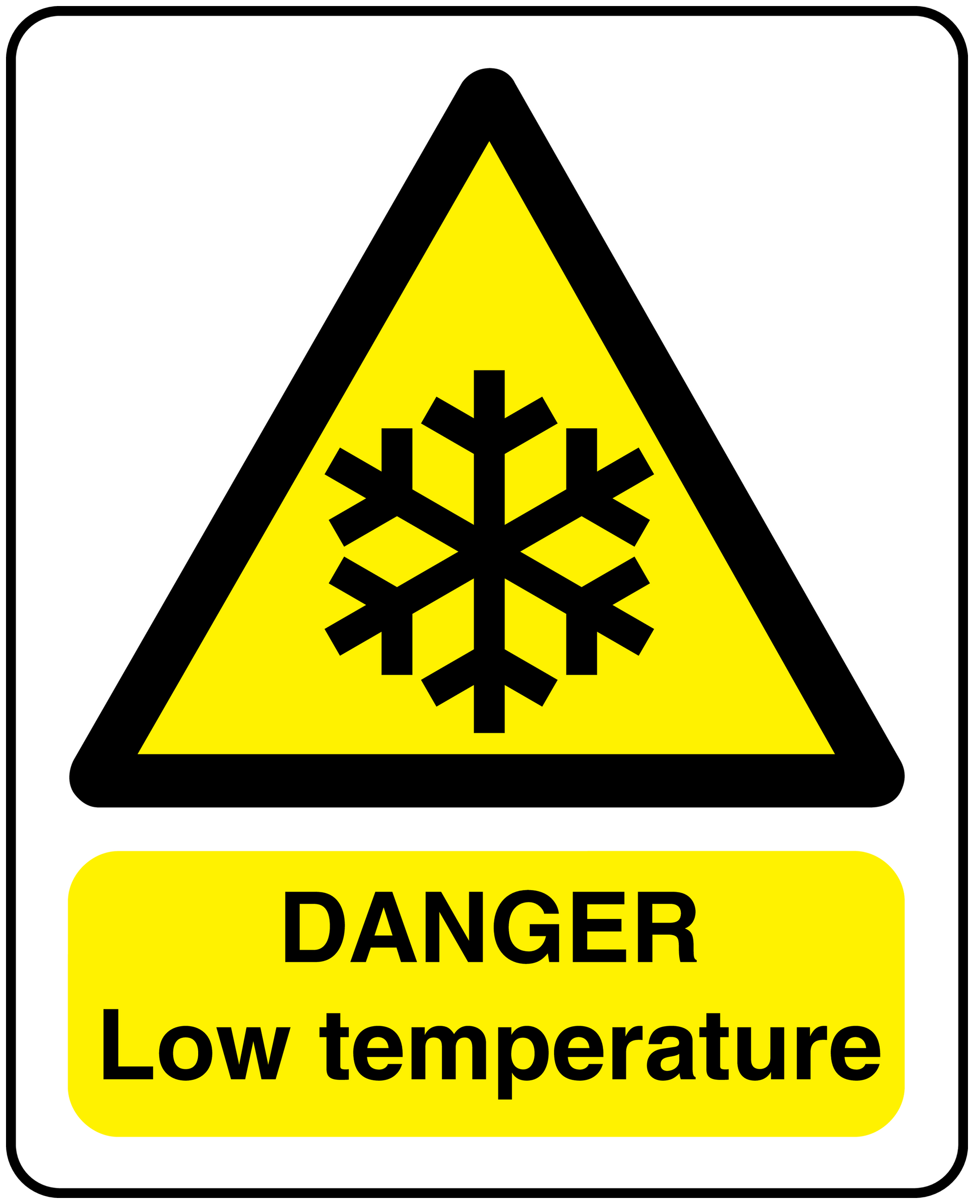 Low temperature danger sticker: yellow warning triangle with snowflake and DANGER text