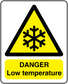 Low temperature danger sticker: yellow warning triangle with snowflake and DANGER text