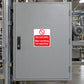 Red warning sticker: “Do not start men working on machine” with no symbol.
