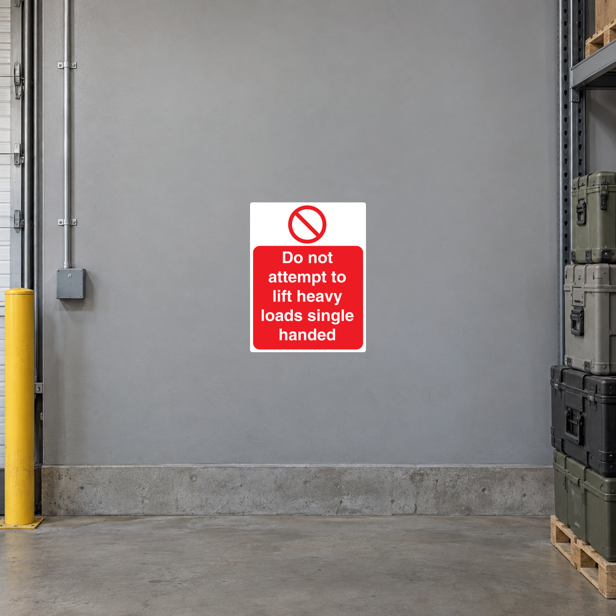 Safety warning sticker: red slashed hand icon, 'Do not attempt to lift heavy loads single handed'