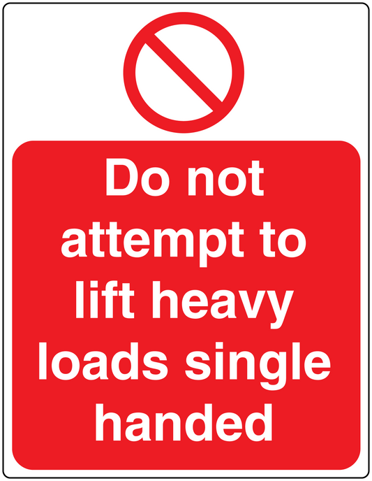 Safety sticker warning against lifting heavy loads single-handed, with prohibition sign