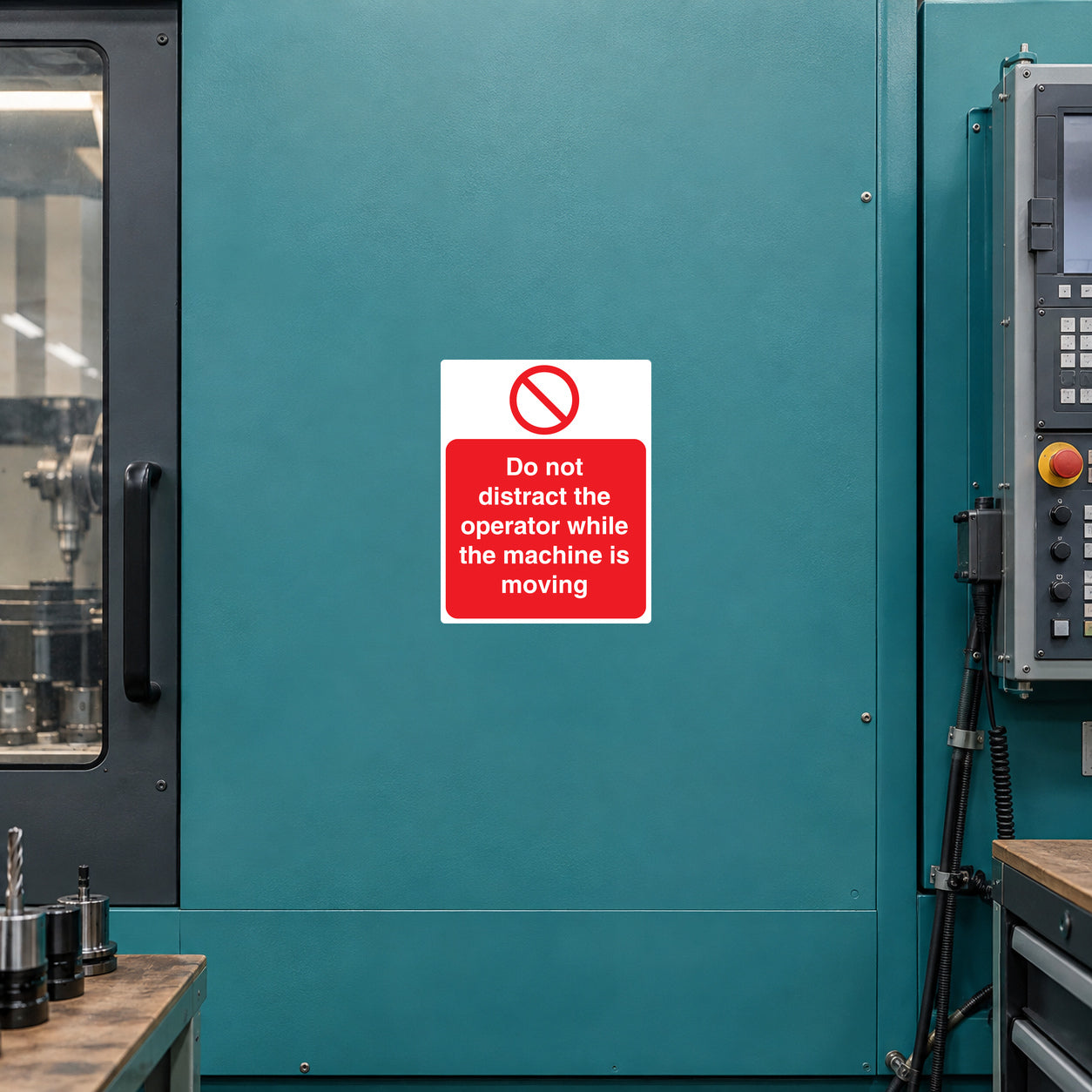 Square warning sticker with red text: "Do not distract the operator while the machine is moving"