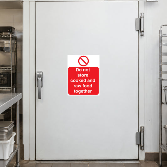 Kitchen warning sticker with red text: Do not store cooked and raw food together.