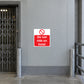 Red and white warning sticker: Do not ride on hoist, no pictogram sign