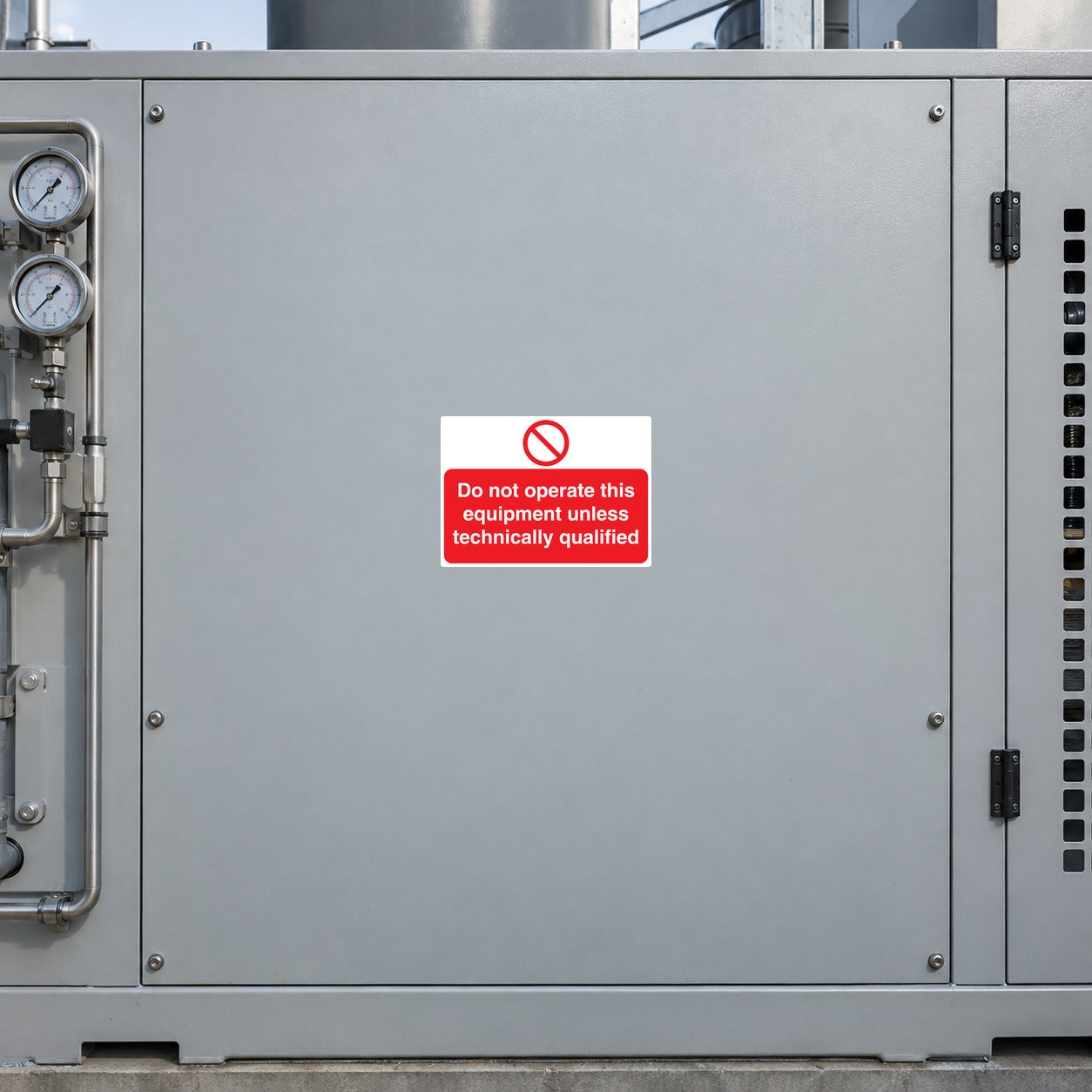 Equipment warning sticker with red no-operation symbol and small red instruction text on white label
