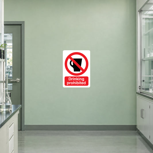 White square drinking prohibited sticker with red no-drinking symbol and label text