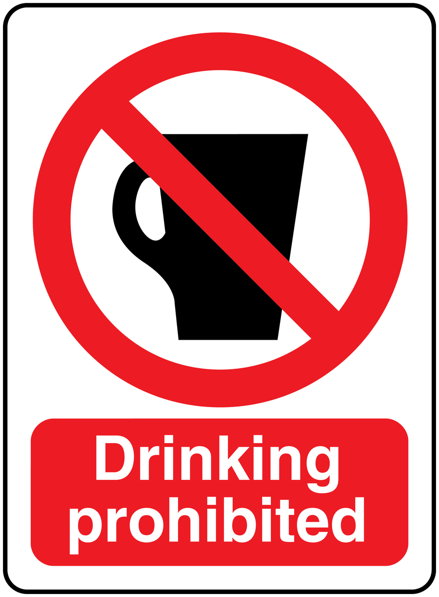 Drinking prohibited sticker with red no-drink symbol and red 'Drinking prohibited' text