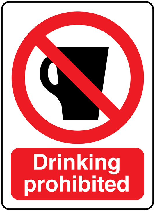 Drinking prohibited sticker with red no-drink symbol and red 'Drinking prohibited' text