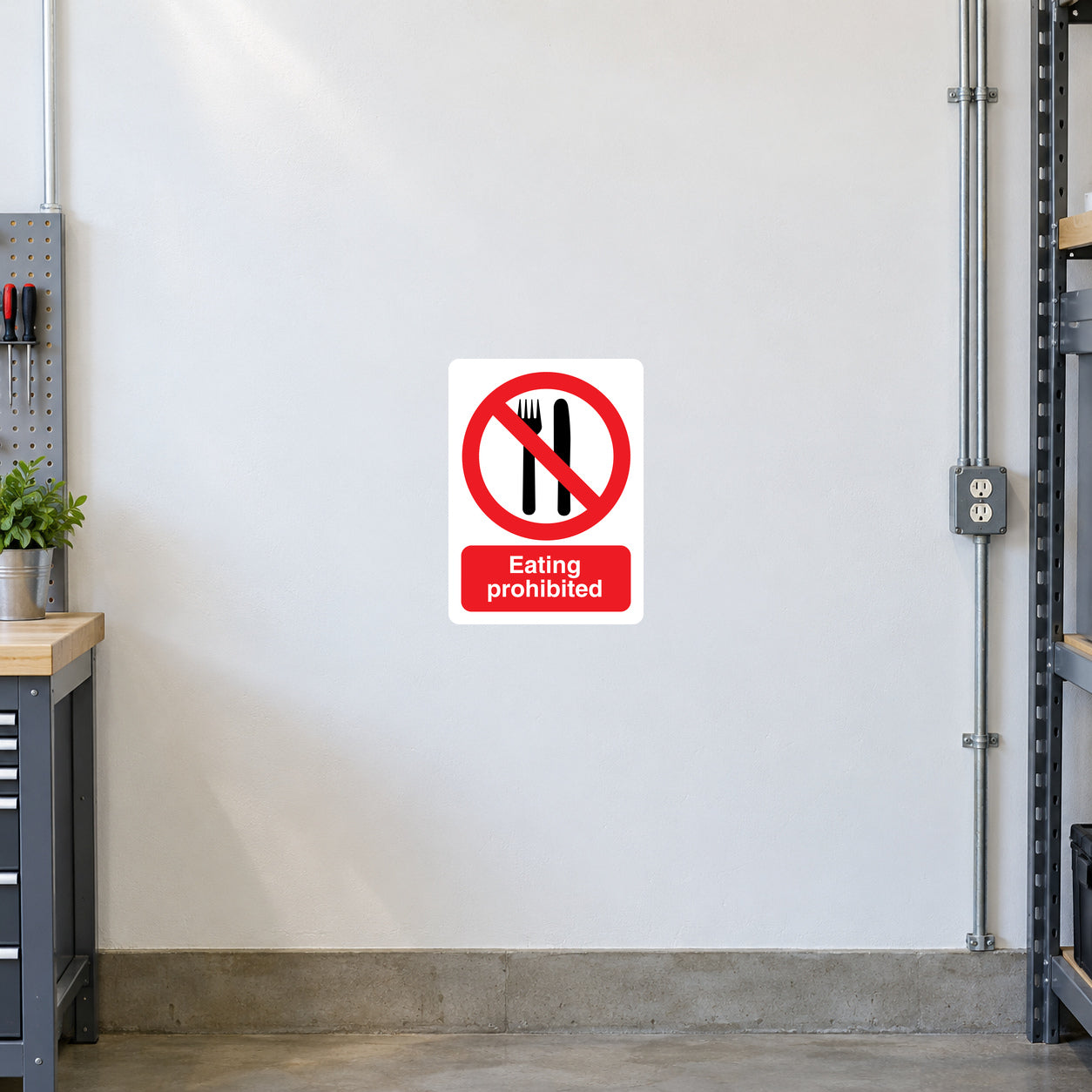 Red and black eating prohibited sign sticker with crossed fork and spoon