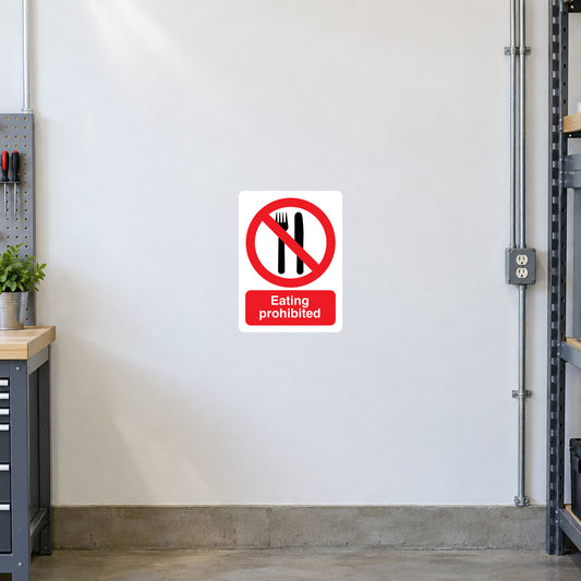 Red and black eating prohibited sign sticker with crossed fork and spoon