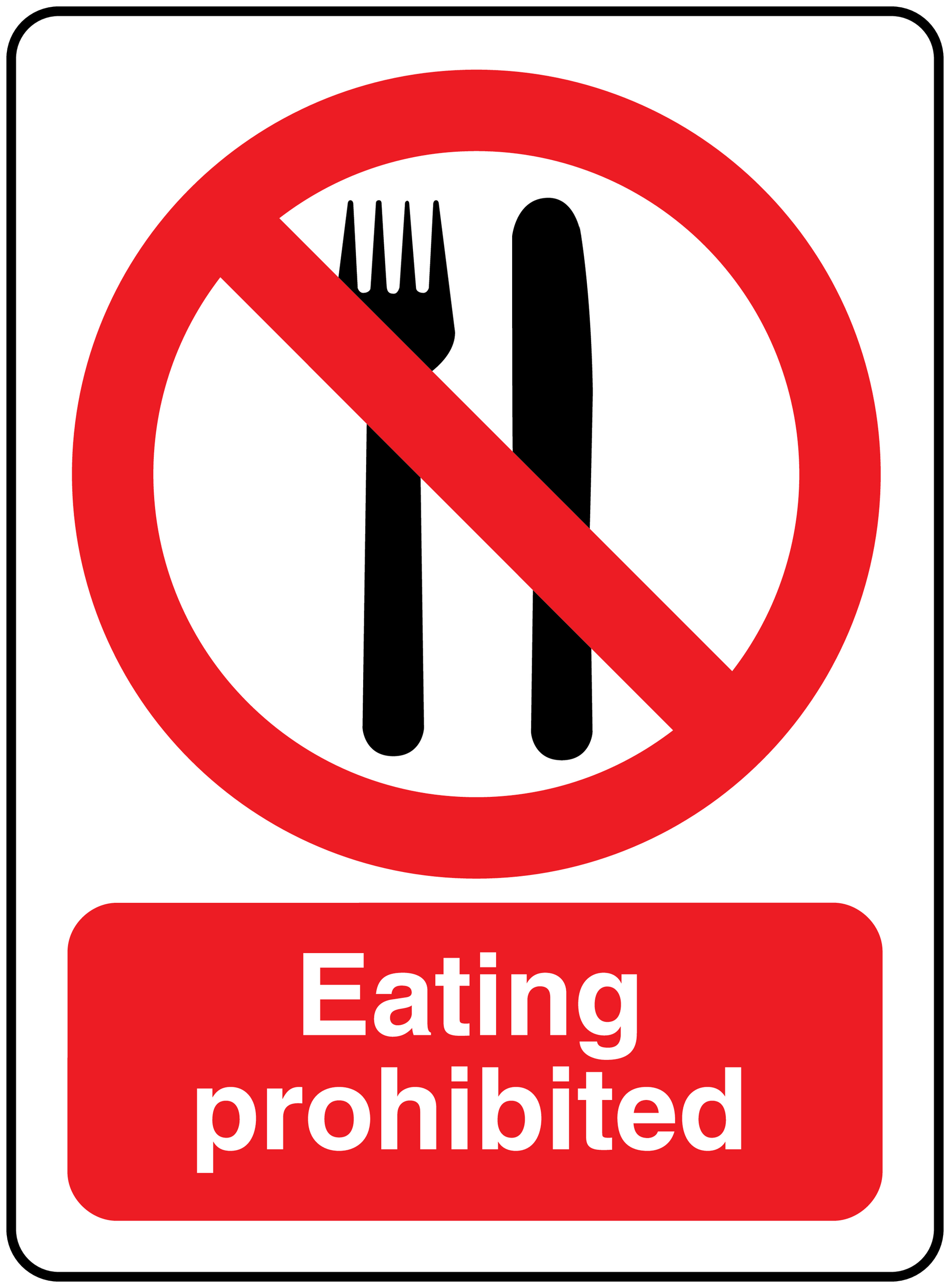 Eating prohibited sign sticker with crossed fork and knife and red text