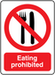 Eating prohibited sign sticker with crossed fork and knife and red text