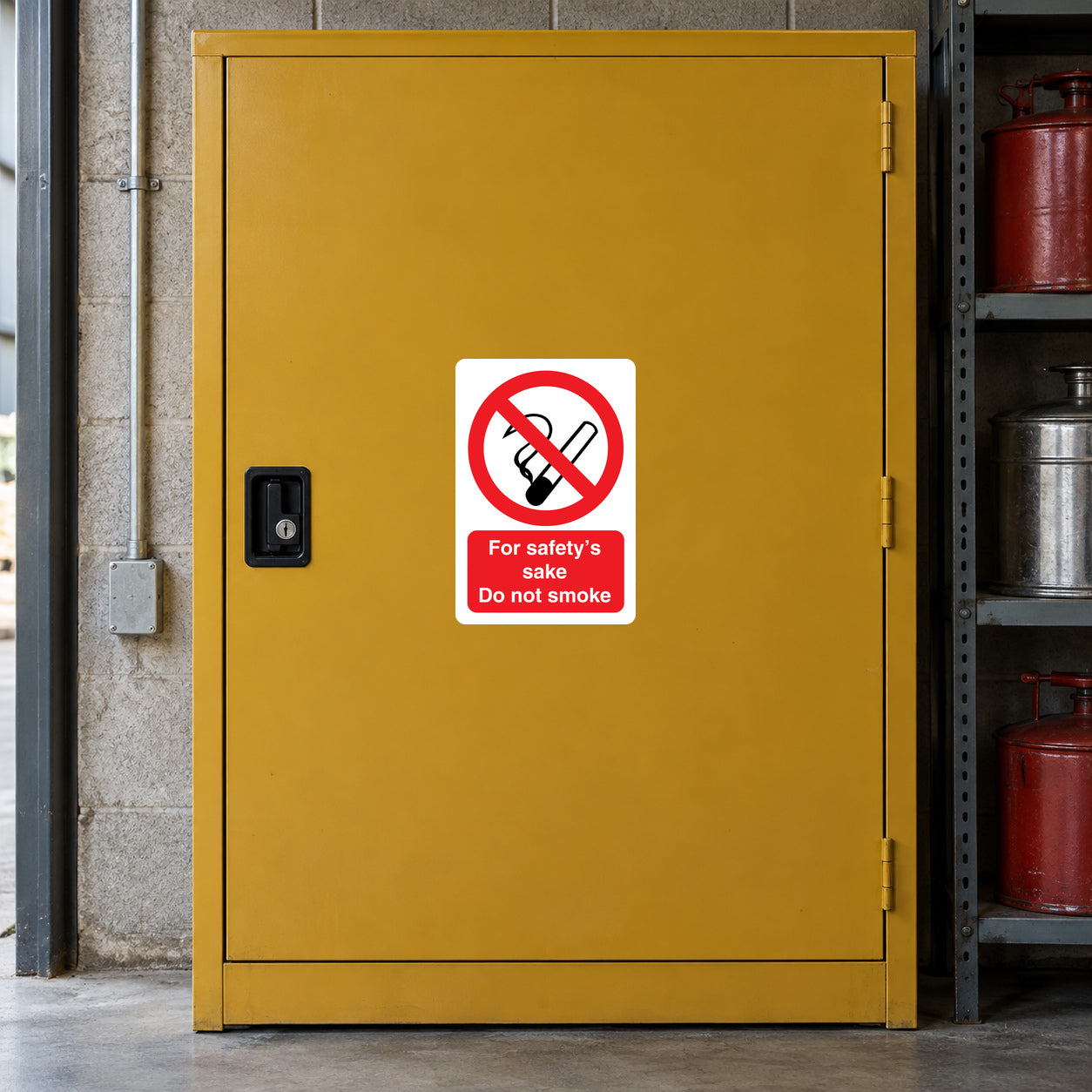 No smoking safety sticker: red crossed cigarette and text 'For safety's sake Do not smoke'