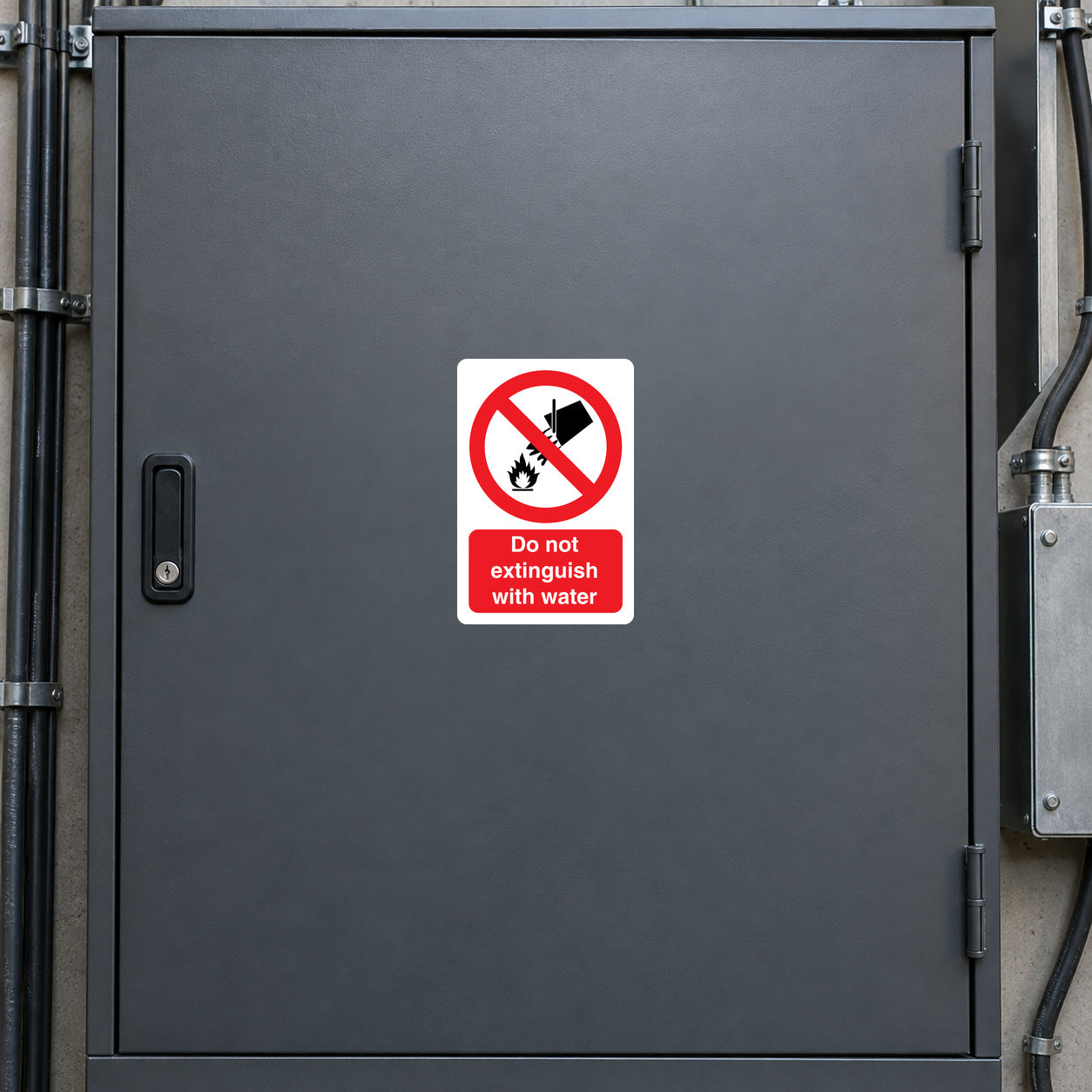 Fire safety sticker with red no-water symbol and text 'extinguish with water' on white.