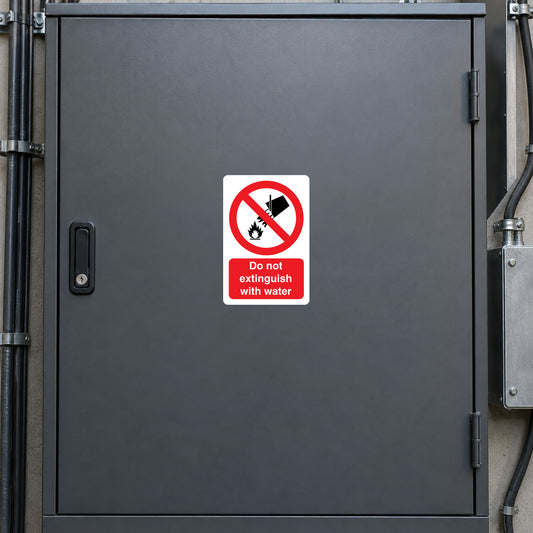 Fire safety sticker with red no-water symbol and text 'extinguish with water' on white.