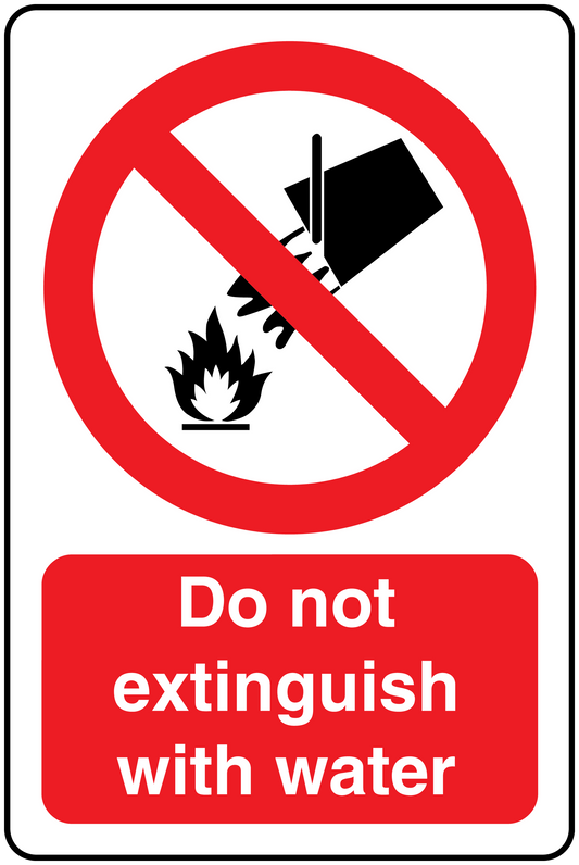 Do not extinguish with water sticker, red and white safety warning symbol