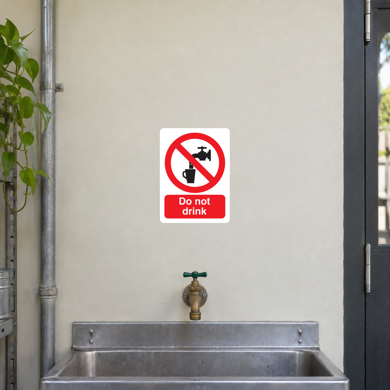 White square warning sticker: red no symbol with glass, text 'Do not drink'.