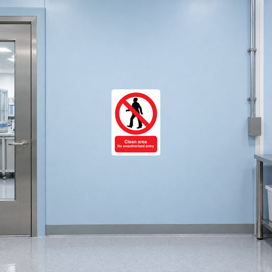 No unauthorized entry sticker with red circle slash, person icon, and warning text on white